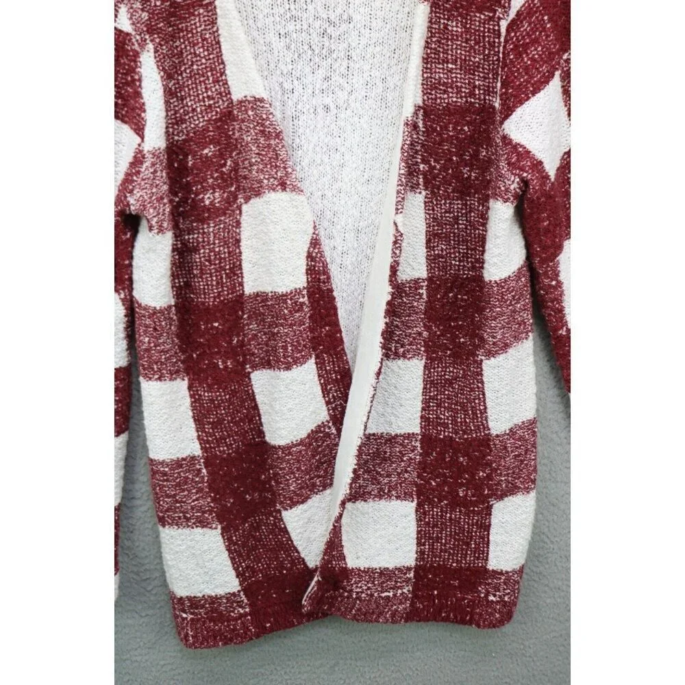 Foxcroft Burgundy White Open Front Cardigan-Size Medium-Picnic Plaid